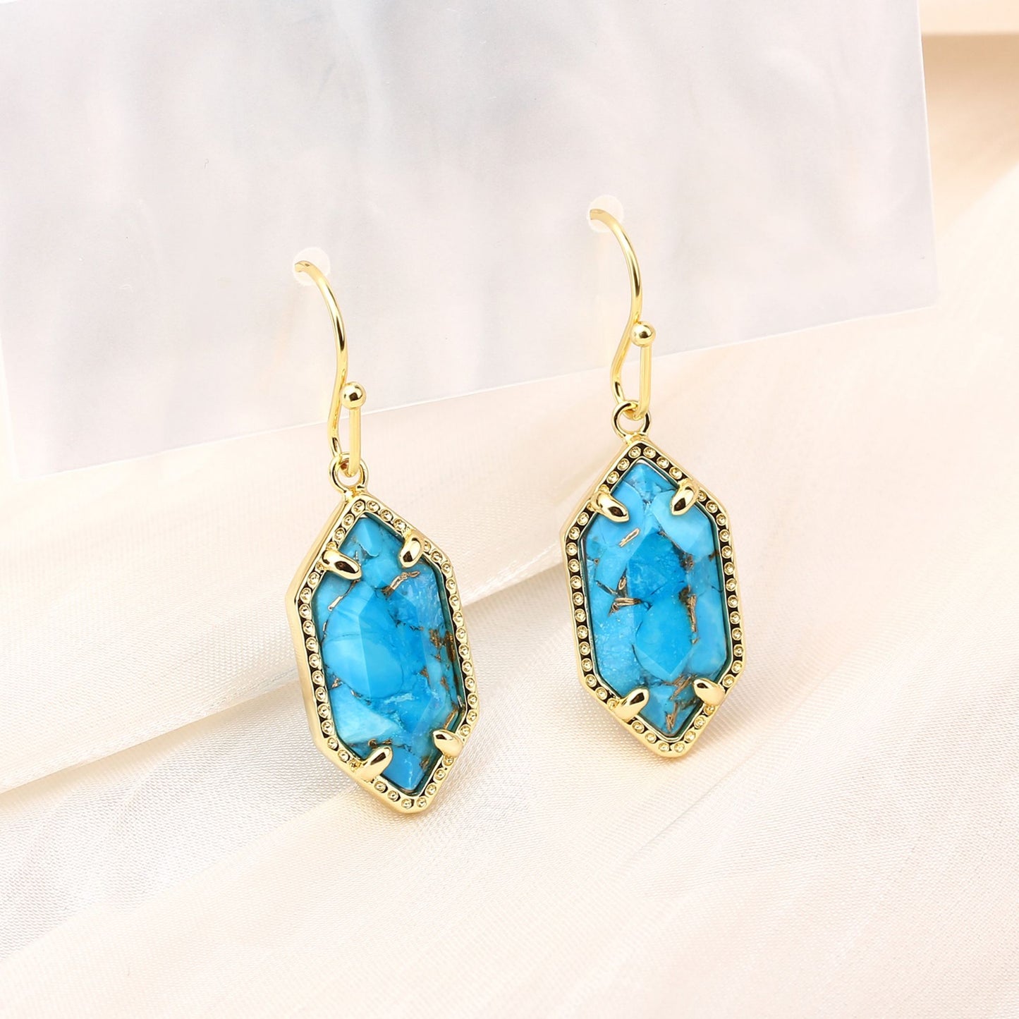 CALOO TEEMOO 14k Gold Plated Blue Turquoise Drop Earrings– Luxurious Earrings for Women Fashion Jewelry